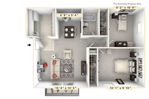 Floor plan for 2 beds, 1 bath, 698 sqft